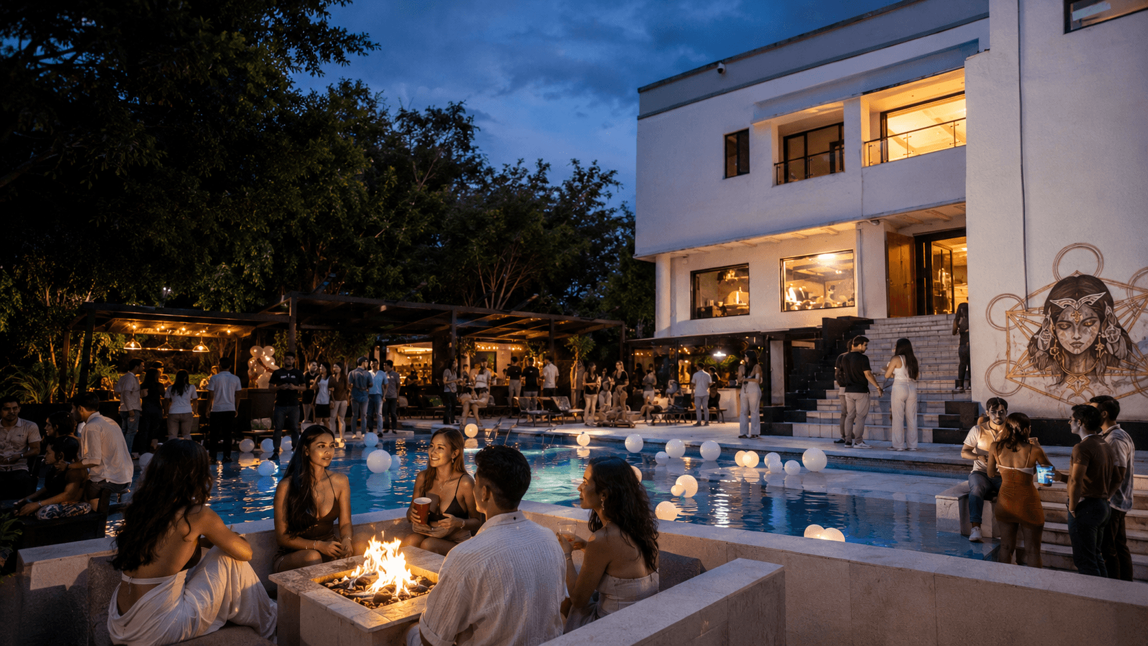 Guests gathering around a firepit and pool at La Casa Social in Medellín